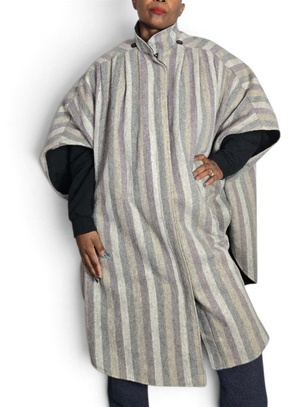 Vintage Reversible Wool Blend Cape Black Striped Coat Cloak Poncho 80s One Size